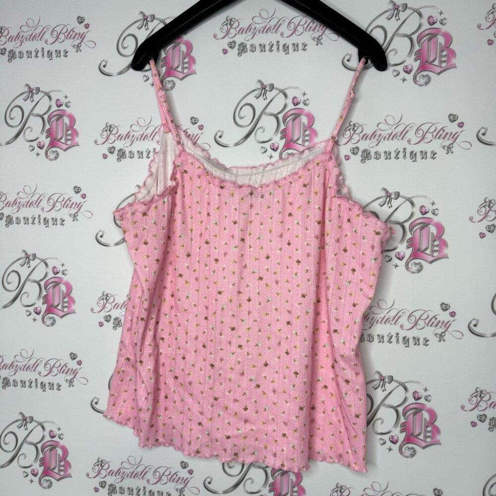 Ricki’s tank top ice cream cones 🍦 pink stretchy ruffle frilly trim comfy cami - Picture 3 of 10